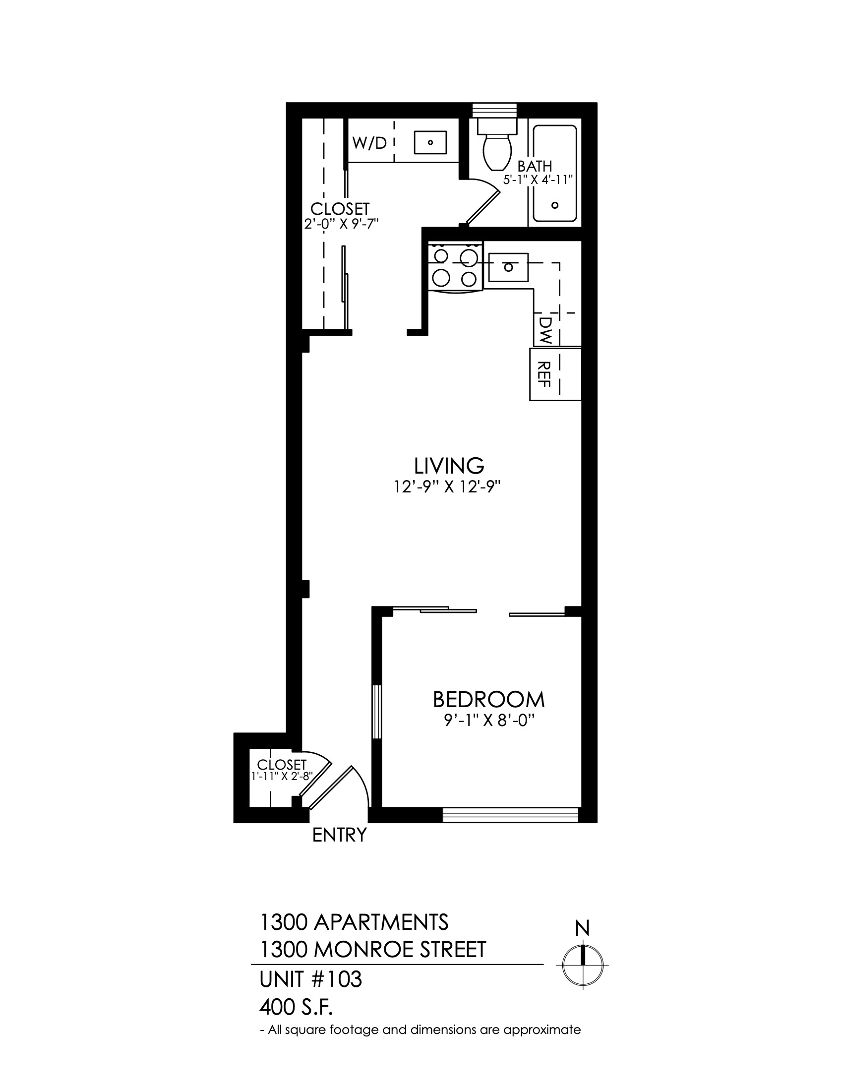 Floor plan for 1 bed, 1 bath, 435 sqft